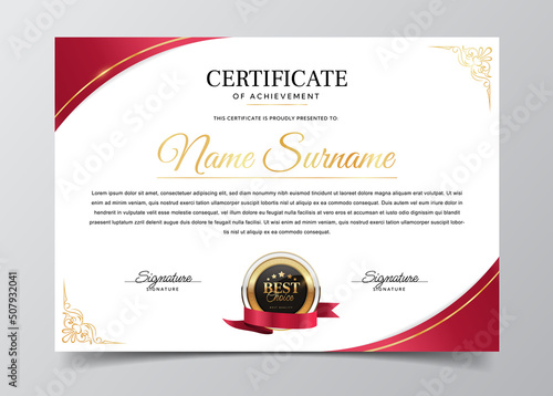 Diploma certificate template. Horizontal document confirming completion of university program. Graduation award and prize for talented and successful students. Realistic flat vector illustration