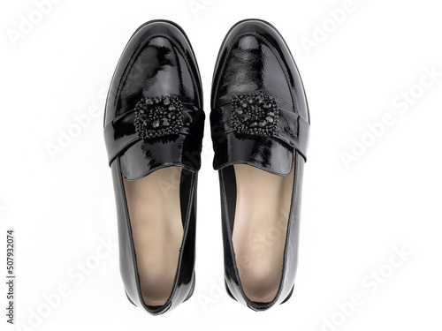 Obraz na płótnie Vintage Loafer Shoes. Closeup. Advertising shot. Concept closeup shoes. Isolated object close up on white background. Top view. w salonie