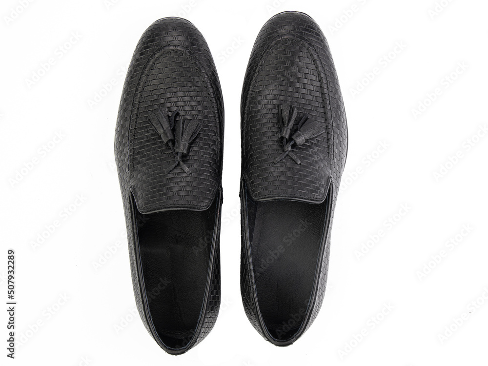 Vintage Loafer Shoes. Closeup. Advertising shot. Concept closeup shoes. Isolated object close up on white background. Top view.