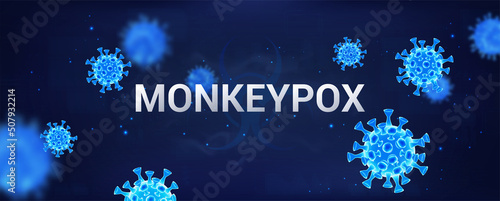 Infection Monkeypox virus in 2022. Monkeypox virus cells outbreak in world. Zoonotic poxvirus infections. Healthcare banner with 3D bacteria. HPV concept. Epidemic from animals monkey. Vector 