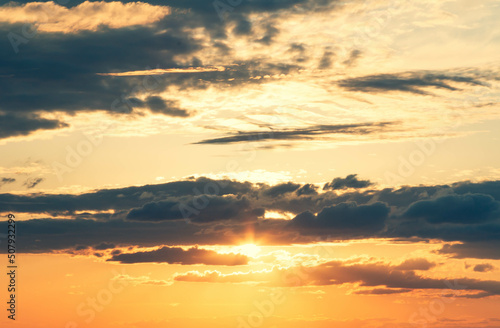 Gold sunset on dark background. Space background. Natural beauty.