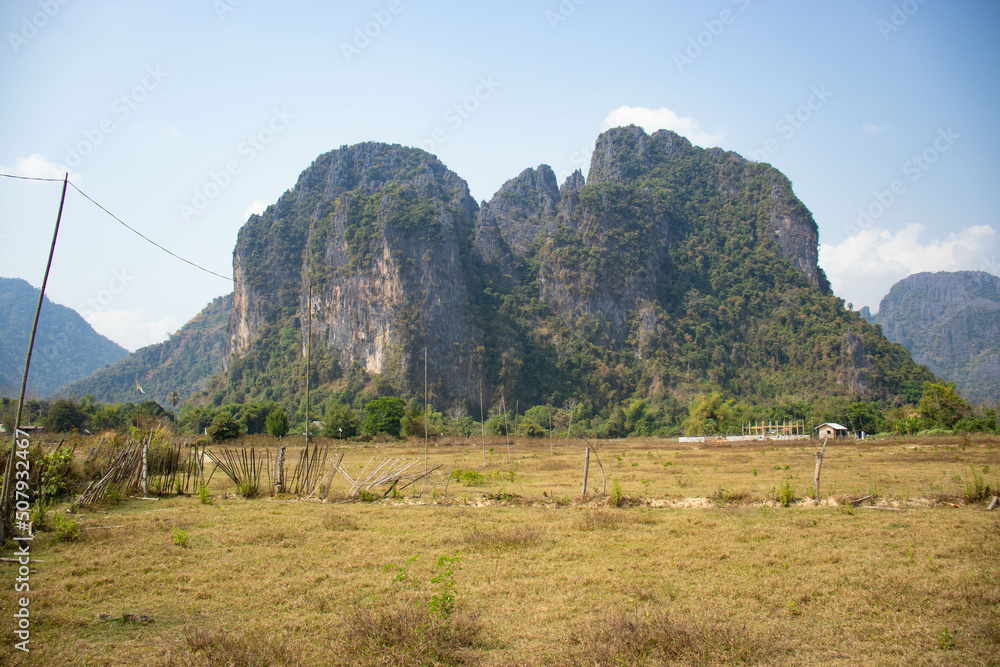 Naklejka premium A beautiful panoramic view of Vang Vieng, Laos.