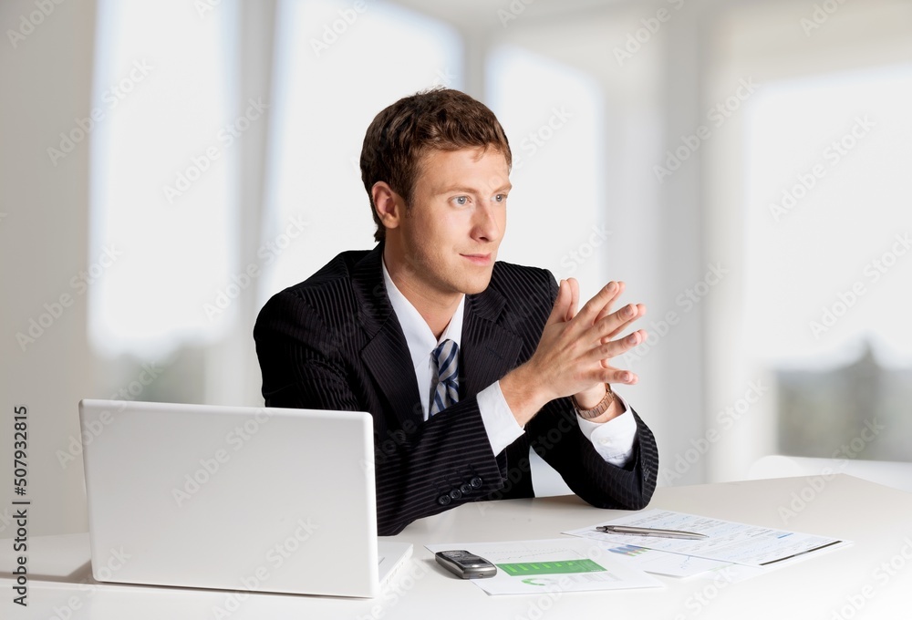 Happy mature businessman, company executive, CEO head sitting at work desk, laptop computer, Happy mature businessman, company executive, CEO head sitting at work desk, laptop computer,