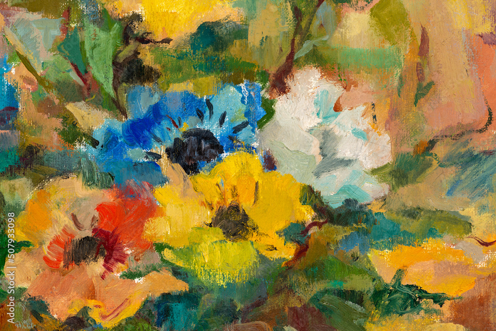 Close up of an impressionist style oil painting depicting a bouquet of pastel colored flowers.