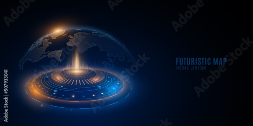 Holographic world map with digital HUD elements. Earth globe hologram. Futuristic planet in cyberspace with light effects. Global network. High technology background. Vector illustration