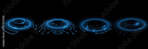 Set of glowing HUD rounds. Futuristic circles on black background. Virtual graphic. Dashboard display. Sci-fi and Hi-tech elements. GUI and UI. High technology. Vector illustration