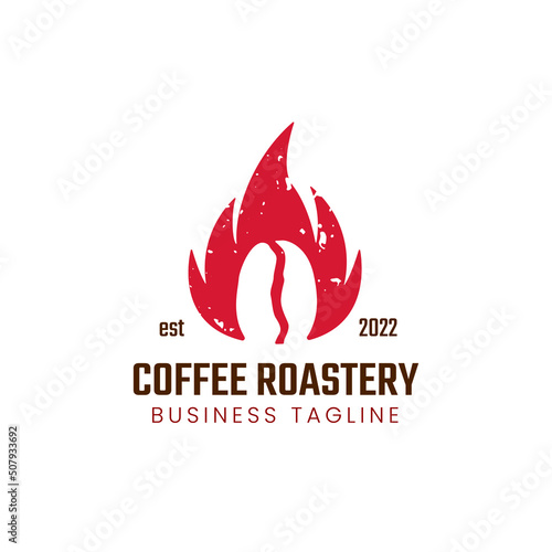 A modern coffee shop roastery logo with a touch of burning fire and coffee beans as a silhouette for your new business