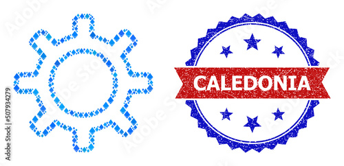 Blue ethereum collage contour gear icon, and bicolor dirty Caledonia stamp. Crystal related elements are grouped into abstract mosaic contour gear icon.