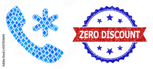 Blue gem mosaic cold call icon, and bicolor textured Zero Discount seal stamp. Gem related items are arranged into abstract mosaic cold call pictogram.