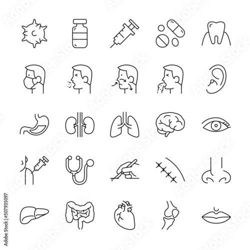 medical icon and body parts simple design, black lines on a white background