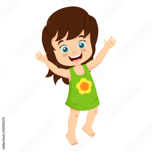 Cartoon happy little girl waving hand