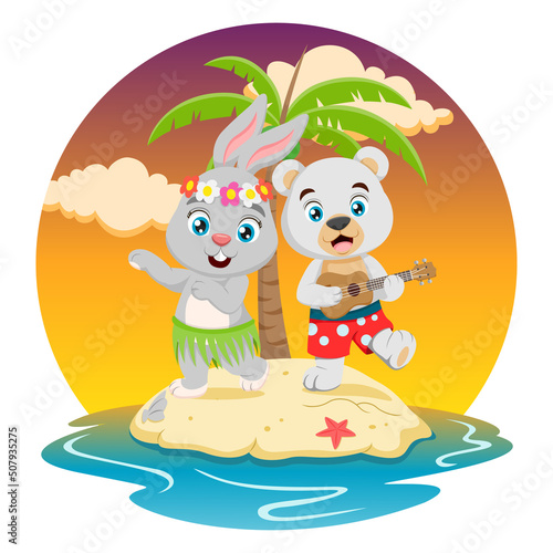 Cute little rabbit and polar bear in summer holiday