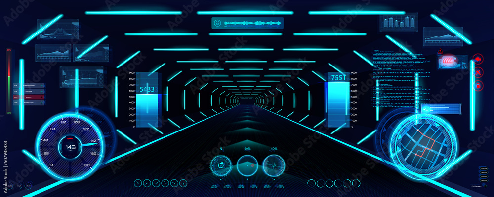 Virtual reality, simulation, cyberspace with HUD interface dashboard ...