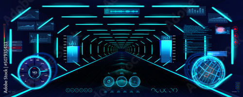 Virtual reality, simulation, cyberspace with HUD interface dashboard. VR UI display design for gaming. HUD cockpit autonomous car view. Head-Up Display GUI with hi-tech gadgets and hologram interface.