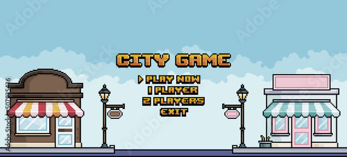 Pixel art city game menu with old buildings background vector for 8bit game
