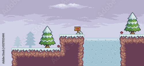 Pixel art game scene in snow with pine trees, frozen lake, wooden board and clouds 8bit background vector
