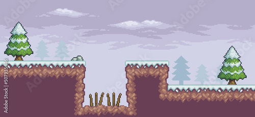 Pixel art game scene in snow with pine trees, trap and clouds 8bit background vector

