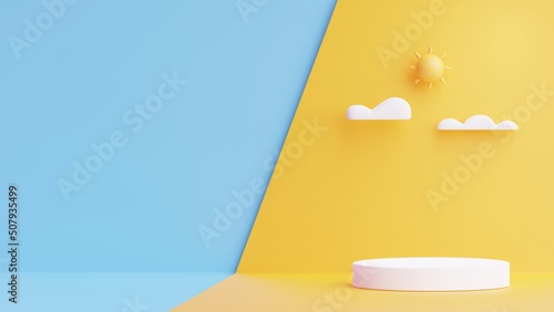Fototapeta Naklejka Na Ścianę i Meble -  3D Podium cartoon with sun and clouds on blue background.Minimal style of summer vacation concept.3D Rendering Illustration.