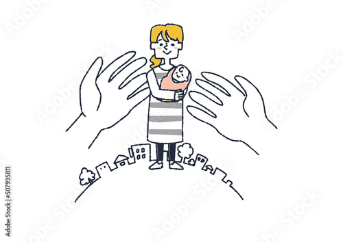 子育てをしている主婦に優しい街づくり　コミカルな手書きの人物　ベクター、温かみのある線画