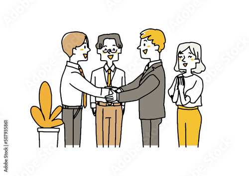 
職場のチームが成功したプロジェクトを喜んでいる　称賛や歓迎をしている仲間
