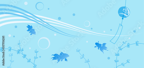 涼しげな風鈴とそよ風　夏のイメージ　金魚　シンプル　ブルーの背景　暑中見舞い　残暑