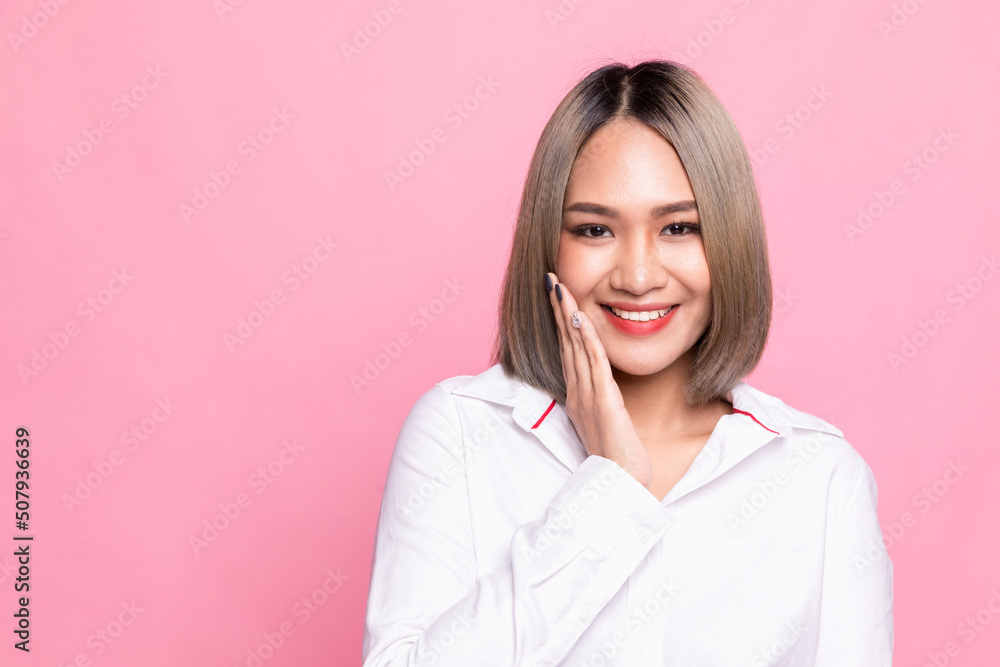Cheerful Single Model With Perfect Skin, Close Up Portrait Isolated On Pink Background, Skin And Hair Care Concept Cheerful Single Model With Perfect Skin, Close Up Portrait Isolated On Pink Background, Skin And Hair Care Concept