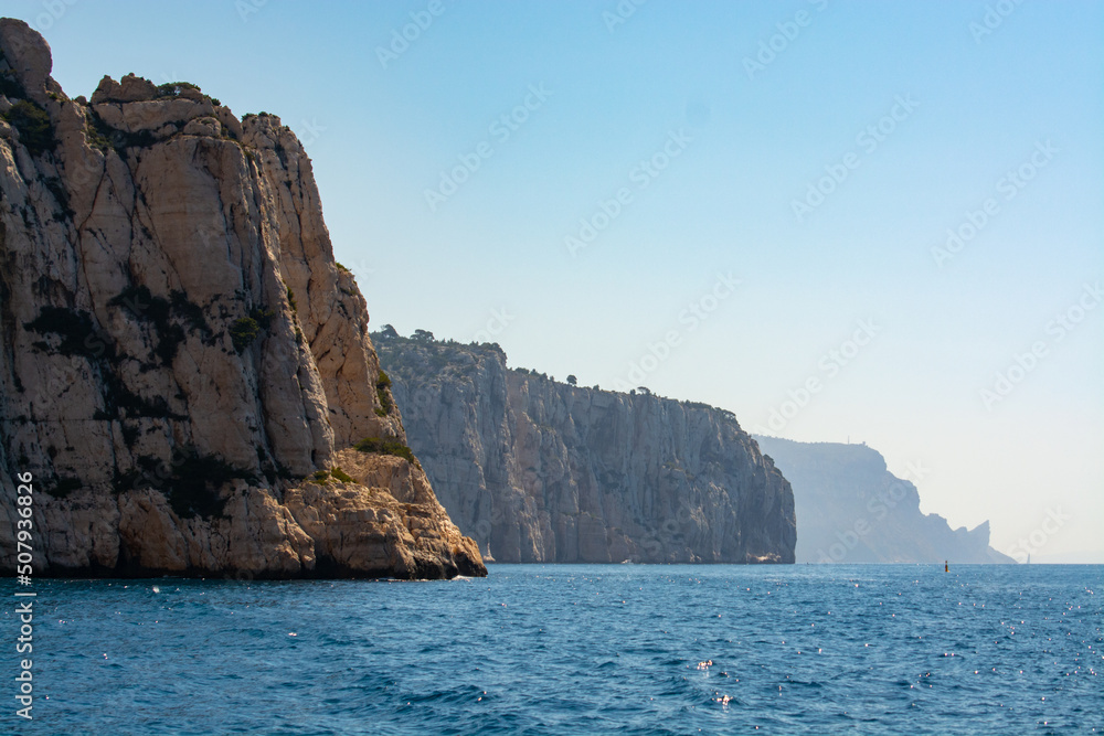 Limestone cliffs near Cassis, boat excursion to Calanques national park in Provence, France