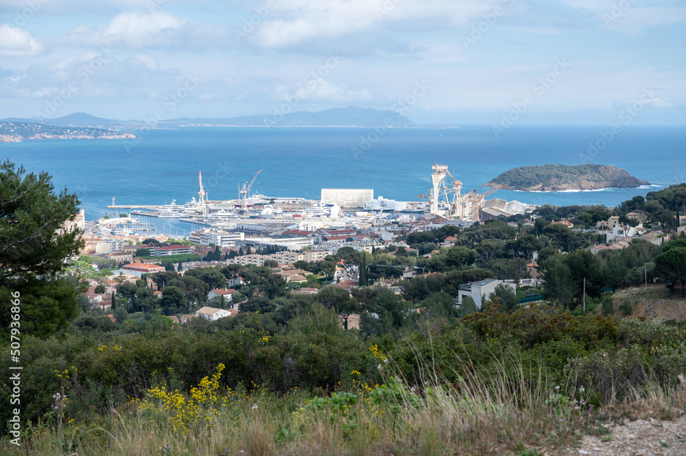 Panoramic aerial view on historical coastal Provencal city La Ciotat, summer vacation in Provence, France