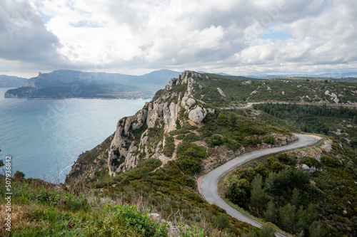 Touristic route D141 road from La Ciotat to Cassis, panoramic view on blue sea, limestone's cliffs and green pine forest, vacation in Provence, France