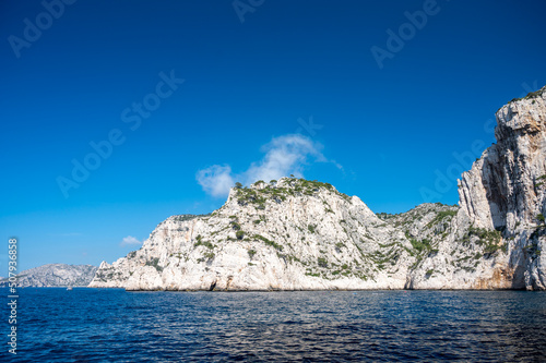 Limestone cliffs near Cassis  boat excursion to Calanques national park in Provence  France