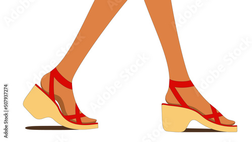 Illustration of feet of tanned young female walking in heeled sandals