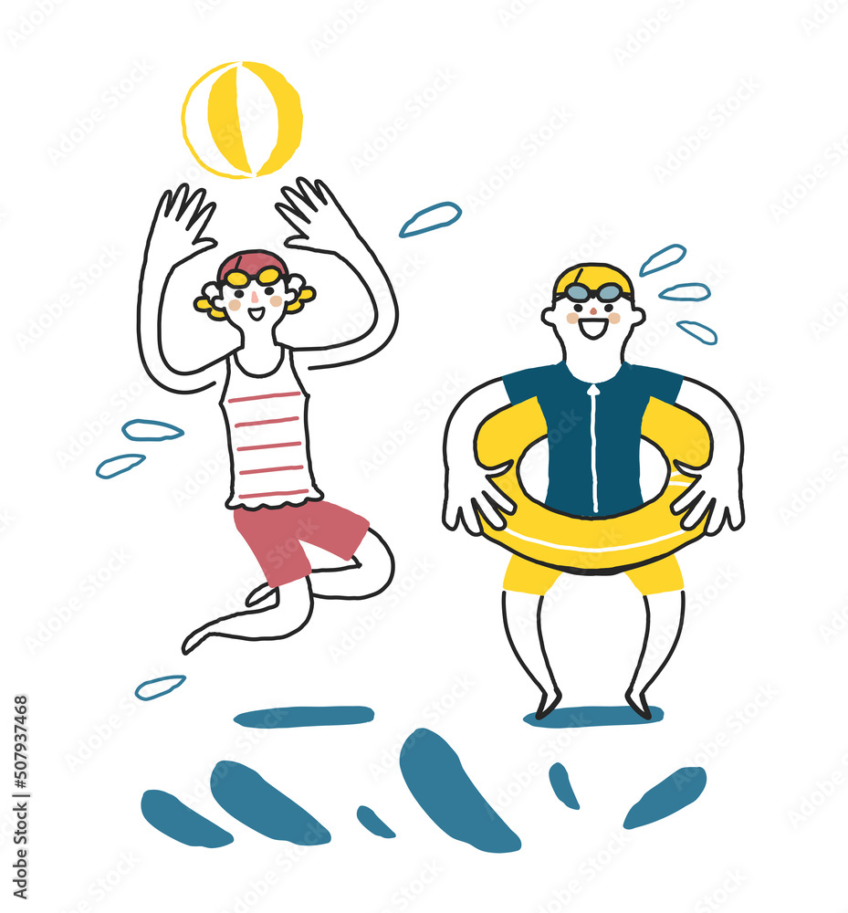 水辺ではしゃぐ水着のこどもたち　イラスト素材
