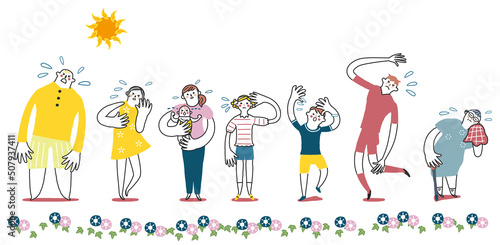 夏の太陽の下暑くて汗をかいている様々な人々　イラスト素材
