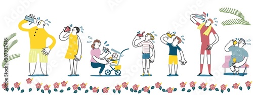 清涼感ある木陰で水分補給をしている様々な人々　イラスト素材
