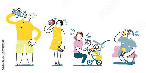 汗をかきながら水分補給をしている様々な人々　イラスト素材
