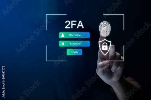 Businessman touching virtual screen to fingerprint scan for two-factor authentication for safety use of social networks and access to information privacy