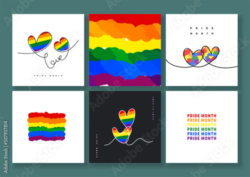 Set of LGBT Pride Month banner. Collection of templates square banners with Rainbow and hearts hand-drawn elements for LGBT Pride Month. Vector illustration.