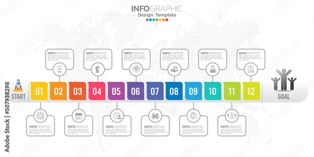 Timeline infographic presentation for 1 year 12 months used for Business concept with 12 options, steps and processes.