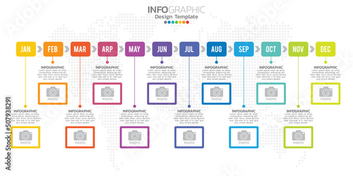 Timeline infographic presentation for 1 year 12 months used for Business concept with 12 options, steps and processes.