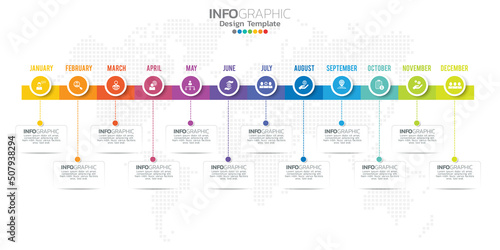 Timeline infographic presentation for 1 year 12 months used for Business concept with 12 options, steps and processes.