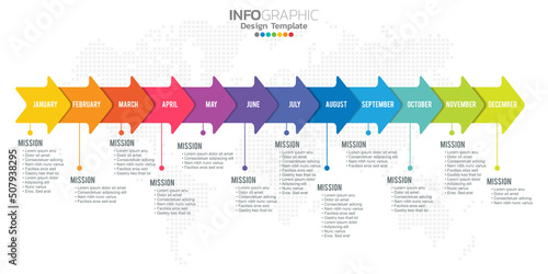 Timeline infographic presentation for 1 year 12 months used for Business concept with 12 options, steps and processes.