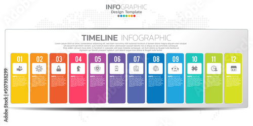 Timeline infographic presentation for 1 year 12 months used for Business concept with 12 options, steps and processes. photo