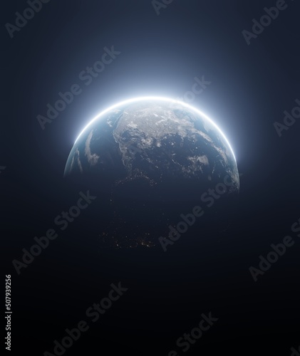 cinematic View earth planet north south america Earth in space 3D rendering elements of this image furnished by NASA. Civilization. view from dark space 3d illustration.realistic earth surface