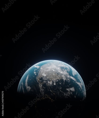 cinematic View blue planet north america Earth in space 3D rendering elements of this image furnished by NASA. Civilization. view from dark space 3d illustration.realistic earth surface and world map