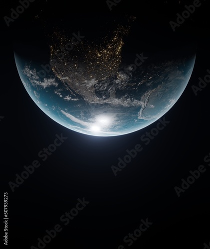 Fototapeta Naklejka Na Ścianę i Meble -  cinematic View of blue planet north america night Earth in space 3D rendering elements of this image furnished by NASA. Civilization. view dark space 3d illustration.realistic earth surface world map
