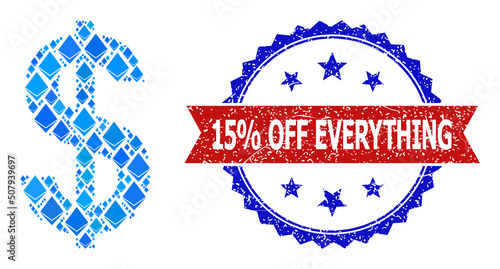Blue jevel mosaic dollar sign icon, and bicolor grunge 15% Off Everything seal stamp. Ethereum related parts are arranged into abstract mosaic dollar sign pictogram.