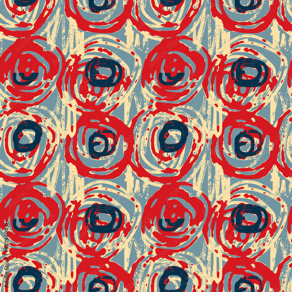 Fototapeta premium Classic marine blue red yellow seamless texture. Modern retro swim wear fashion allover print. Memphis style masculine grunge abstract background. High quality jpg swatch.