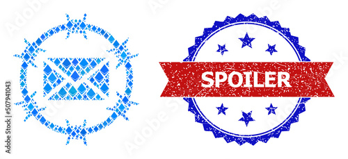 Blue jevel mosaic mail arrest icon, and bicolor rubber Spoiler seal. Jevel related items are arranged into abstract collage mail arrest icon. Red round stamp seal has Spoiler caption inside circle.
