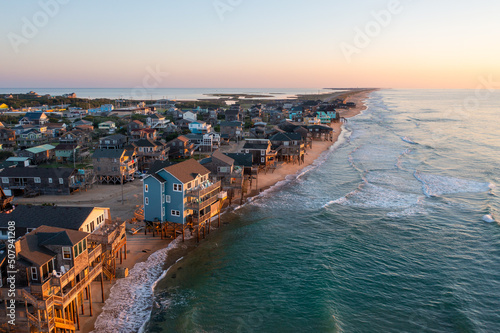 Obraz na plátně Aerial View of homes right on the shoreline in Buxton North Carolina Hatteras Is