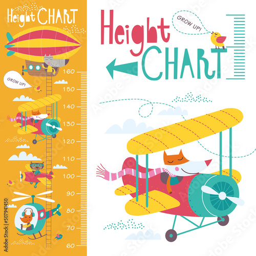 Kids height chart. Vector isolated illustration of cartoon transport and animals on an
orange background.
